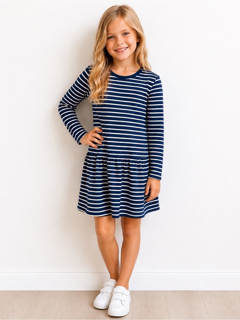 Mini Boden Navy White Stripe Long Sleeve Drop Waist Sweatshirt Dress size 11-12